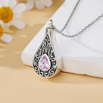 Teardrop Urn Necklace for Ashes Filigree Birthstone Keepsake Pendant Cremation Jewelry for Ashes Memorial Jewelry Gifts for Loss of a Loved One for Women - style: Jun-Alexandrite