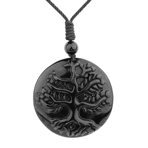 ASGIFT Black Obsidian Necklace Healing Crystal Stone Amulet Protection Pendant with Adjustable Rope Necklace Birthday Christmas Gift for Men Women - color: Tree Of Life