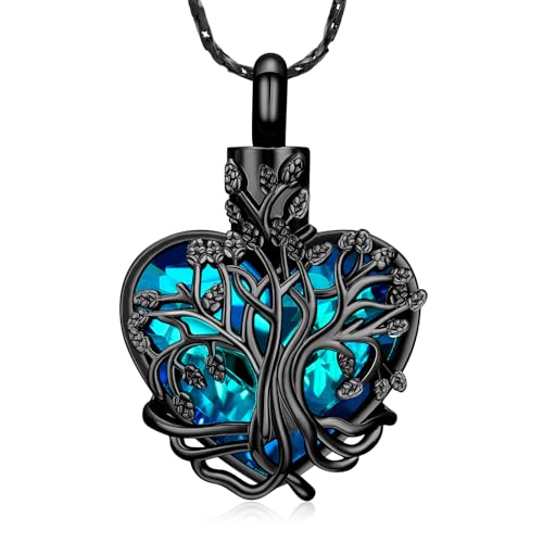 Imrsanl Tree of Life Heart Urn Necklace Cremation Jewelry for Women - color: Black-Blue