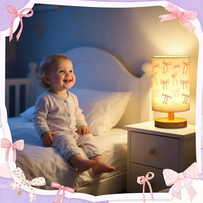 WSYEAR Daughter Gifts Bow Kids Table Lamp for Bedroom Kids Bedside Lamp with Linen Wooden Nightstand Cartoon Nursery Lampshade for Girls Living Room - color: Bow