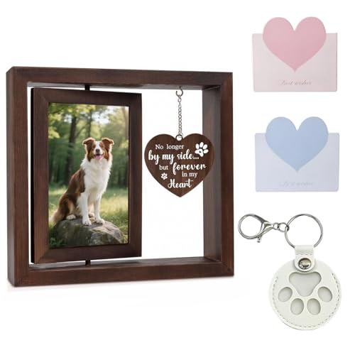 Dog Memorial Frame Set with Fur Keepsake Keychain | Includes a rotating wooden frame and sympathy cards for pet loss remembrance and home display
