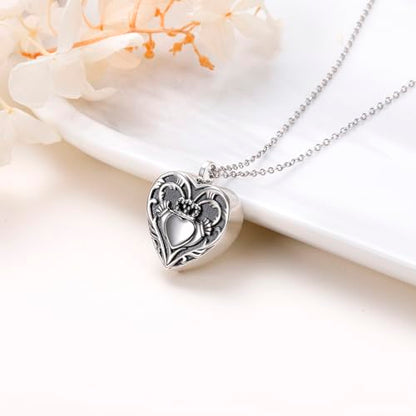 925 Sterling Silver Urn Necklaces for Women Claddagh/Angel Wings/Guitar/Butterfly/Tree of Life Ashes Memorial for Loss Keepsake Jewelry Present Easter Day of the Dead - style: Irish Claddagh