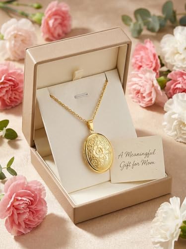 Custom Photo Locket Necklace Women Personalized Text Birth Flower Necklace that Hold Picture Stainless Steel Memorial Jewelry for Mothers Day Christmas - color: Gold Floral Lokcet Necklace