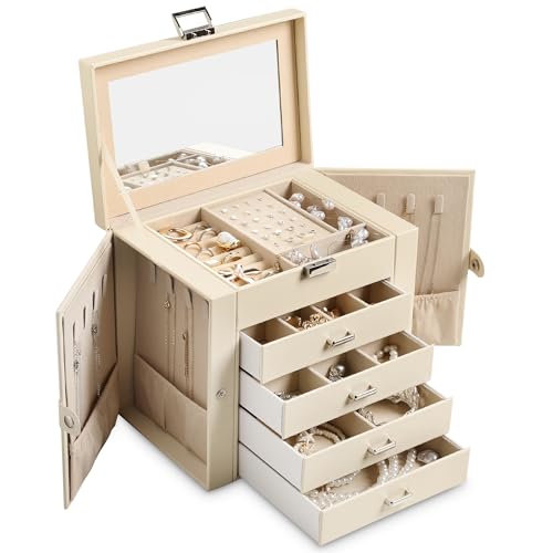 5-Layer Jewelry Box for Women,Jewelry Organizer with 4 Drawers | Faux Leather,Built-in Mirror,Spacious Jewelry Storage,16 Necklace Hooks,Organizing by Category for Rings Earrings Bracelet - color: Beige, size: Medium