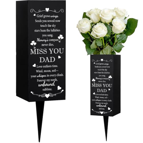 WEBEEDY Miss You Dad Cemetery Vase for Grave, Metal Grave Flower Vase with Stake Gravesite Flower Holder Cemetery Decoration Memorial Day Sympathy Funeral Gift for Loved Ones, 3.1x7.9 Inch, 1pc - color: Missing My Father