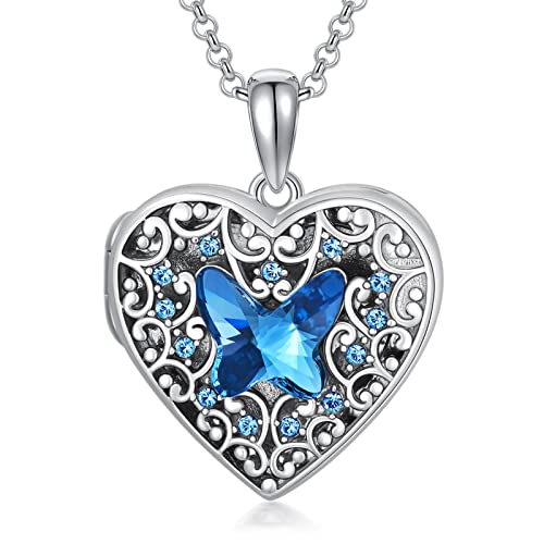Dorunmo Personalized Locket Necklace 925 Sterling Silver that Holds Pictures Butterfly Birthstone Photo Heart Locket Custom Jewelry Congratulations New Beginnings New Job Gifts for Women - color: Butterfly Blue, style: Only Locket