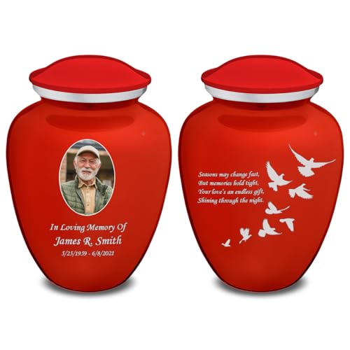 Embrace Adult Personalized Doves Cremation Urns for Human Ashes I Large Picture Bright Red Funeral Urn for Adult Men and Women with Double Side Engraving I 200 lbs - color: _Bright Red (Double Sided)