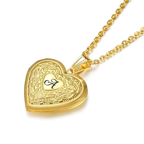 Locket Necklace Holds Pictures Alphabet Initial Letter Love Heart Lockets Photo Memory Locket Necklaces Birthday Gifts - color: Gold, style: AA