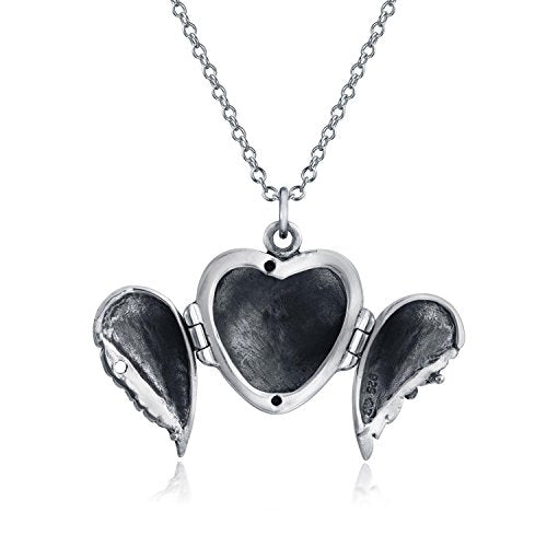 Bling Jewelry Vintage Style Dome Large Guardian Angel Wing Feathered Heart Shaped Photo Locket For Women Teens Holds Photos Pictures Oxidized .925 Silver Necklace Pendant Custom Engraved