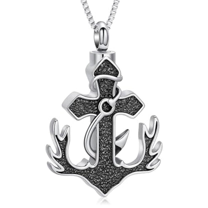 XSMZB Deer Antler Anchor Urn Necklace for Ashes Human Pet Fish Hook Cross Funeral Cremation Jewelry Keepsake Ash Pendant Memorial Necklaces - color: Silver-Black
