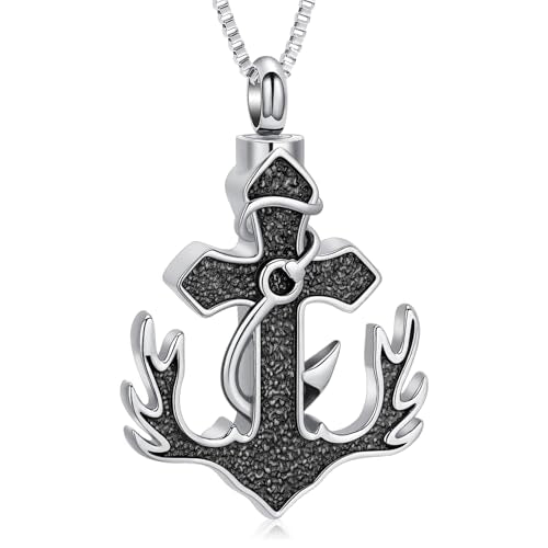XSMZB Deer Antler Anchor Urn Necklace for Ashes Human Pet Fish Hook Cross Funeral Cremation Jewelry Keepsake Ash Pendant Memorial Necklaces - color: Silver-Black