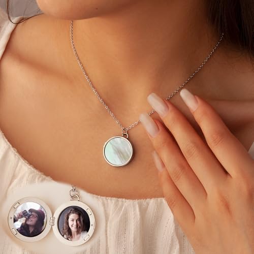 Anavia Personalized Photo Locket Necklace, Mother of Pearl Shell Handmade Custom Engraved Gold Plated Stainless Steel Pendant Necklace Jewelry Gift for Her Women Mother - color: Silver, size: Round