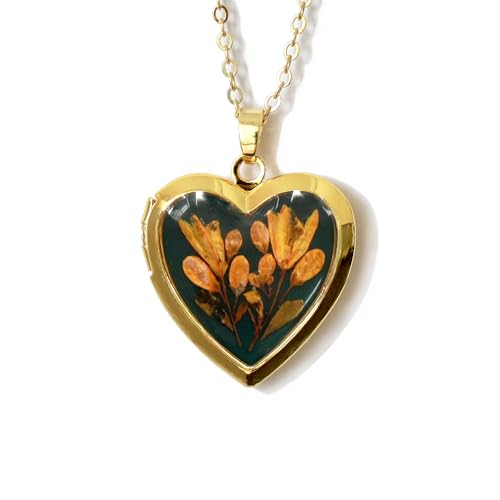 Handmade Dried Pressed Flower Heart Shaped Photo Locket Pendant Necklace - color: Gold, style: Orange Flower on Green