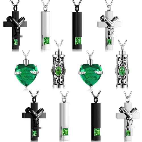 12 Pcs Urn Necklace for Ashes Bulk Cremation Cross Heart Cubic Jewelry Stainless Steel Memorial Locket for Men Women - color: Green