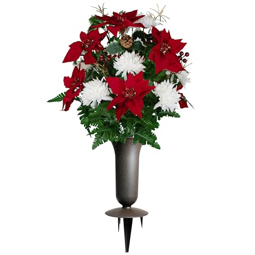 Sympathy Silks - Artificial Flowers for Cemeteries - Red Poinsettias with White Mums with Holly with Pine Cones - (1) Bouquet (1) Vase - color: Red/White W Holly & Pinecones, size: (1) Bouquet (1) Vase