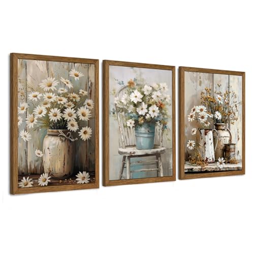 DUWQU Triptych Rustic Farmhouse Daisy Framed Canvas Wall Art 12x16 inch x3 - color: flower(Framed), size: 16"L x 12"W