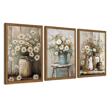DUWQU Triptych Rustic Farmhouse Daisy Framed Canvas Wall Art 12x16 inch x3 - color: flower(Framed), size: 16"L x 12"W