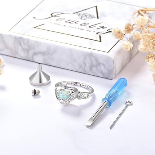 Heart Cremation Ring for Ashes - 925 Sterling Silver Teardrop Urn Keepsake Rings Memorial Jewelry for Women - style: Opal