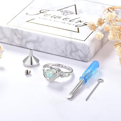 Heart Cremation Ring for Ashes - 925 Sterling Silver Teardrop Urn Keepsake Rings Memorial Jewelry for Women - style: Opal