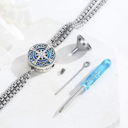 TUGHRA Ashes Bracelet for Women Urn Bracelet for Ashes 925 Sterling Silver Cremation Jewelry Memorial Gifts Keepsake Bracelet - style: Ashes Bracelet-coin-compass-blue opal