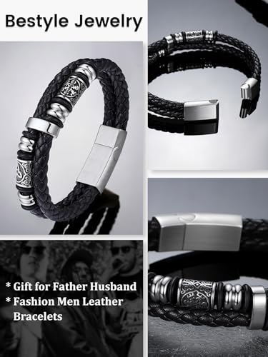 Bestyle Genuine Men Leather Bracelets Fashion Stainless Steel Celtic Beaded Wristband for Men, Size 7.5/8.3/9.1/9.8Inch Men Bracelet, Message Card Offered - style: 5.To My Grandson Message Card