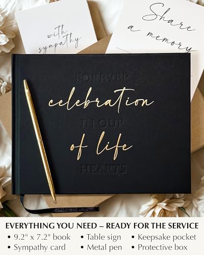 Funeral Guest Book Memorial Service – Celebration of Life Sign in Condolences Registry with Golden Pen | Elegant In Loving Memory Remembrance | Premium Hardcover 9 x 7 Inches, Table Sign & Back Pocket