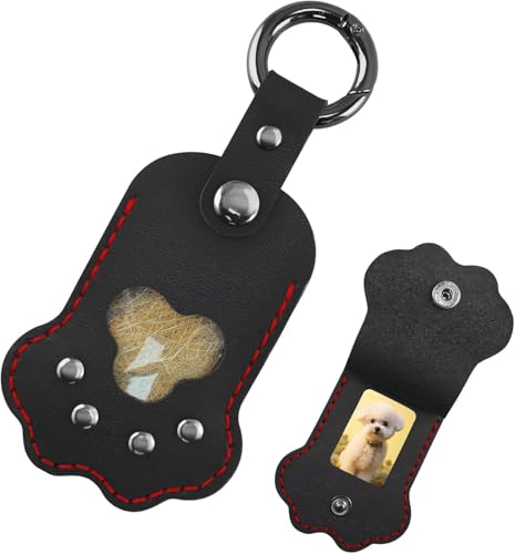 Pet Memorial Keychain,Dog Hair Keychain, Handmade Full Grain Leather Paw Shape Keychain for Dog Cat Hair Keepsake, Holds Fur & Photo, Personalized Memorial Gift for Pet Loss (Black-red line) - color: Midnight Black-red Line