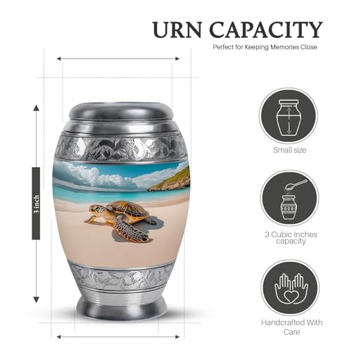 Sea Turtle Cremation Urns for Ashes – Combo of 5 with 8 Inch Sunset Heart Funeral Urn for Adult Female, Mom & Dad and 3 Inch Blue Mini Beach Keepsake Urns for Men & Women – Burial Memorial Set | Cremation Urns for Adult Male - Cremation Urn for Ashes for