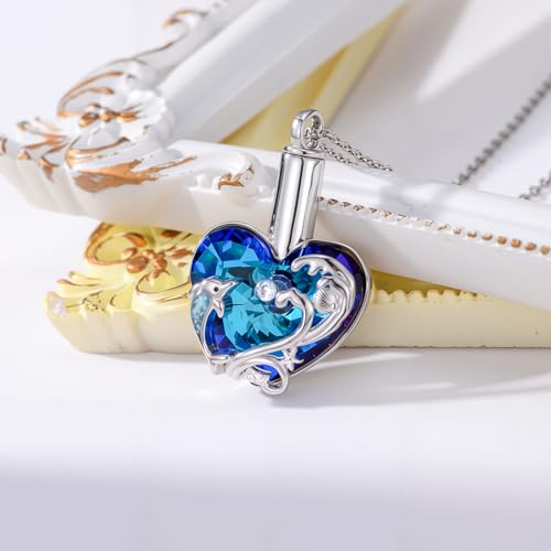 TOUPOP Sterling Silver Urn Necklace for Ashes with Crystal Memorial Keepsake Dragonfly/Butterfly/Cardinal/Cat/Dolphin Cremeation Jewelry Birthday Mothers Day Christmas Gifts for Her Women - style: Turquoise Dolphin