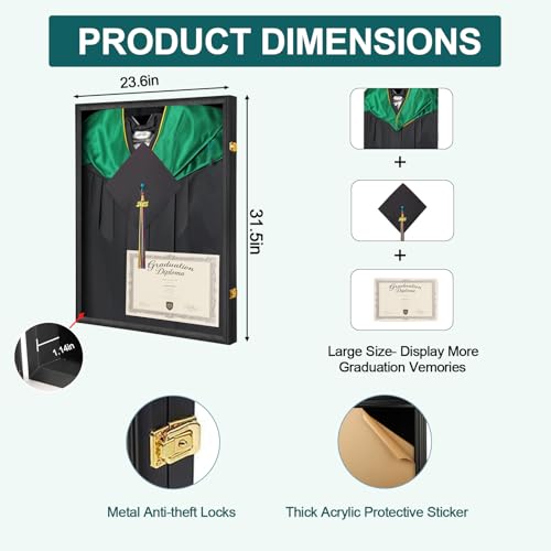Shadow Box for Graduation Cap and Gown, Wall Display Stand, 2pc | Matte black wood frame, dustproof acrylic panel, lockable wall mount case, displays graduation gown,as commemorative gift - size: Large - Black - 2Pack