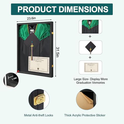 Shadow Box for Graduation Cap and Gown, Wall Display Stand, 2pc | Matte black wood frame, dustproof acrylic panel, lockable wall mount case, displays graduation gown,as commemorative gift - size: Large - Black - 2Pack