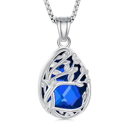 Cremation Jewelry Tree of Life Teardrop Urn Necklace for Ashes for Women Men Vial Pendant Ashes Keepsake Memorial Jewelry for Loved One - color: Silver-Blue
