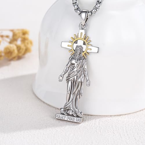 Crucifix Necklace for Men 925 Sterling Silver Jesus Cross Necklace Crucifix Cross Pendant Protection Jewelry for Men Women - style: B03-Hanging Cross-Sun