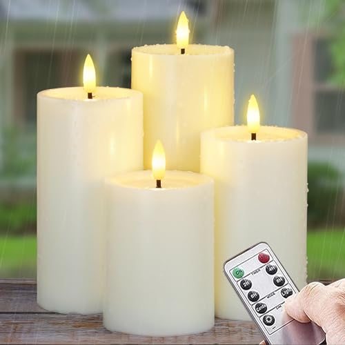 Yeelida Outdoor 4pcs Flameless Waterproof Candles with Handy Remote Control, Cycle Timer Battery Operated Candle Grease Effect LED Flickering Pillar Plastic Long Lasting (Ivory, 3" x4" 5" 6" 7") - color: Ivory, size: 4" 5" 6" 7"