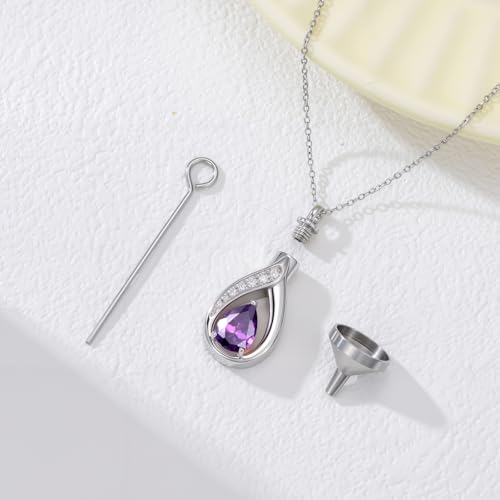 Teardrop Urn Necklace for Ashes Birthstone Keepsake Pendant Cremation Jewelry for Ashes Memorial Jewelry Gifts for Loss of a Loved One for Women - style: Feb-Amethyst
