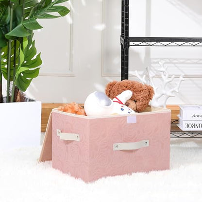 ANMINY Fabric Storage Box Bins with Lids, Rose Print, Pink, 2PCS Large | Keepsake Memory Storage, Nonwoven Fabric, PP Board Frame, Washable, PU Handles, Foldable Stackable, Decorative, 15"x10"x10" - size: Large (Pack of 2)