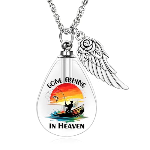 Teardrop Urn Necklace for Ashes, Resin Memorial Pendant with Keepsake | Teardrop Shape, Clear Resin Design, Nature Inspired Artwork, Screw Closure, Holds Ashes, Filling Kit & Box Included - color: Gone Fishing in Heaven