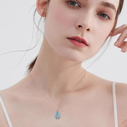 YAFEINI Virgen De Guadalupe Necklace 925 Sterling Silver Mother Mary Necklace Virgencita Jewelry Thanksgiving Day Gifts for Women - style: Turquoise
