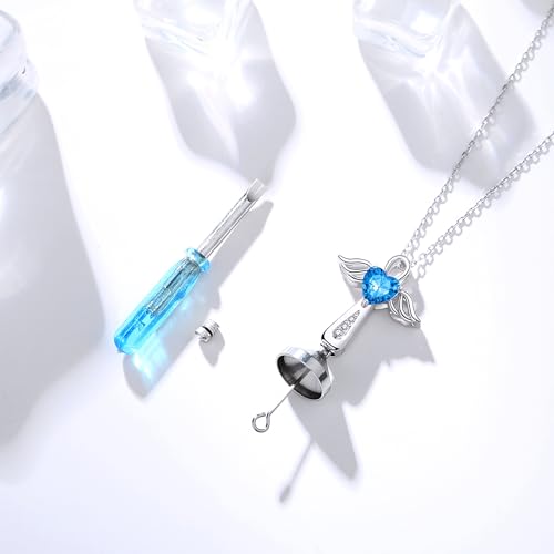 YLT S925 Sterling Silver Cross Angel Wings Necklace for Ashes | Cremation Urn Pendant Birthstone Jewelry Memorial Keepsake Memory Ashes Jewelry Gifts - color: Aquamarine