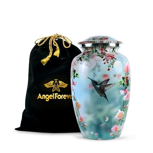 Hummingbird Large Cremation Urn for Human Ashes – Handcrafted Enamel-Coated Metal Memorial Urn with Velvet Bag – Decorative Sky Blue Floral Funeral Urn for Adults – 200 Cu in, Premium Memorial Gift
