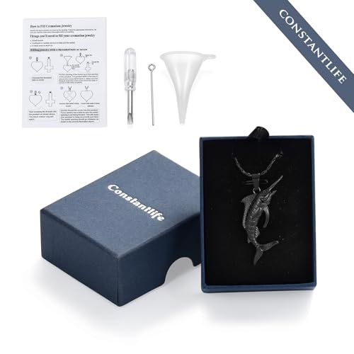 Fish Cremation Jewelry Swordfish Pendant Urn Necklace for Women Men | stainless steel pendant, waterproof sealed ring & lobster clasp keep ashes secure, with a filling tool, funeral keepsake gift - color: Black