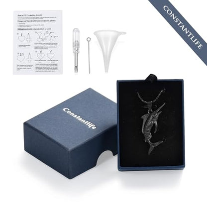 Fish Cremation Jewelry Swordfish Pendant Urn Necklace for Women Men | stainless steel pendant, waterproof sealed ring & lobster clasp keep ashes secure, with a filling tool, funeral keepsake gift - color: Black