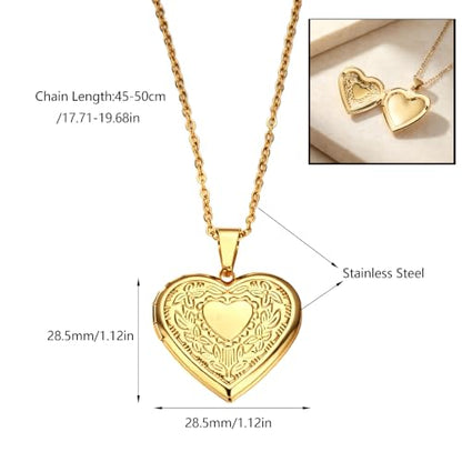 Heart Locket Necklace Pendant Dainty Memorial Keepsake Locket Necklace That Holds Pictures Stainless Steel Heart Photo Box Necklace for Women Lover Mother Father Daughter Son Fashion Jewelry Gifts - color: 01Gold