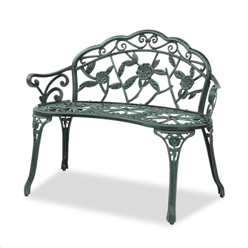 VINGLI 38.5" Patio Park Garden Outdoor Metal Rose Bench, 2-Person Cast Iron Cast Aluminium Frame Antique Finish Chair,Accented Lawn Front Porch Path Yard Decor Deck Furniture (Green, Rose) - color: Green