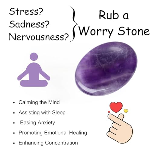 Thumb Worry Stone Amethyst Crystal Rock Crystals and Healing Stones Oval Natural Fidget Meditation Accessories Gemstones Trinkets Pocket Stress Relief Gifts Anxiety Relief Items for Women Men - color: Purple-amethyst