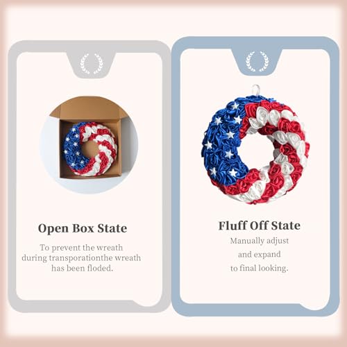 14 Inch Patriotic Roses Handcrafted Wreath, Artificial 4th of July Soft Touch Silk Roses and Metal Stars Wreath for Front Door, Memorial Day for Indoor and Outdoor - size: 14 Inch