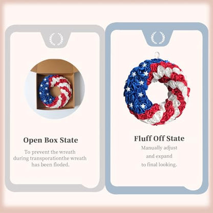 14 Inch Patriotic Roses Handcrafted Wreath, Artificial 4th of July Soft Touch Silk Roses and Metal Stars Wreath for Front Door, Memorial Day for Indoor and Outdoor - size: 14 Inch
