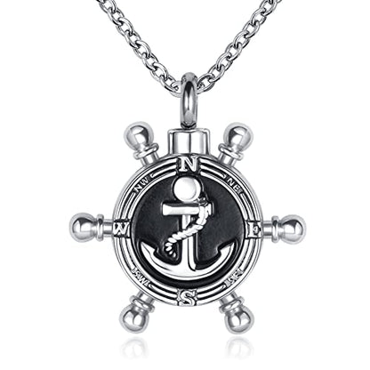 GMXLin Compass Nautical Ship Wheel Cremation Urn Necklace for Ashes Keepsake Memorial Stainless Steel Pendant Jewelry for Men Women