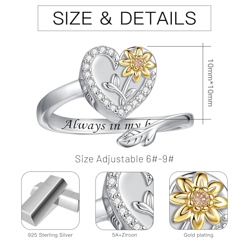 925 Sterling Silver Heart Urn Ring for Ashes for Women - Cremation Jewelry Keepsake Thumb Rings Adjustable with Rose/Sunflower Gift for Lost Of Love Ones Human Adult Pet - style: Heart-Sunflower
