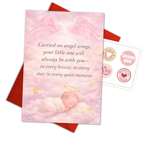 Baby Loss Sympathy Card, “Carried on Angel Wings Your Little One ” | Infant Loss Condolence Card, Miscarriage Remembrance Card Folded with Envelope - color: Baby Girl Angel Wings